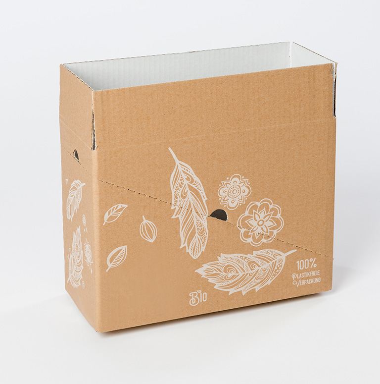 A shelf carton (Fefco 0201) with integrated for the food industry, printed in high-quality white.