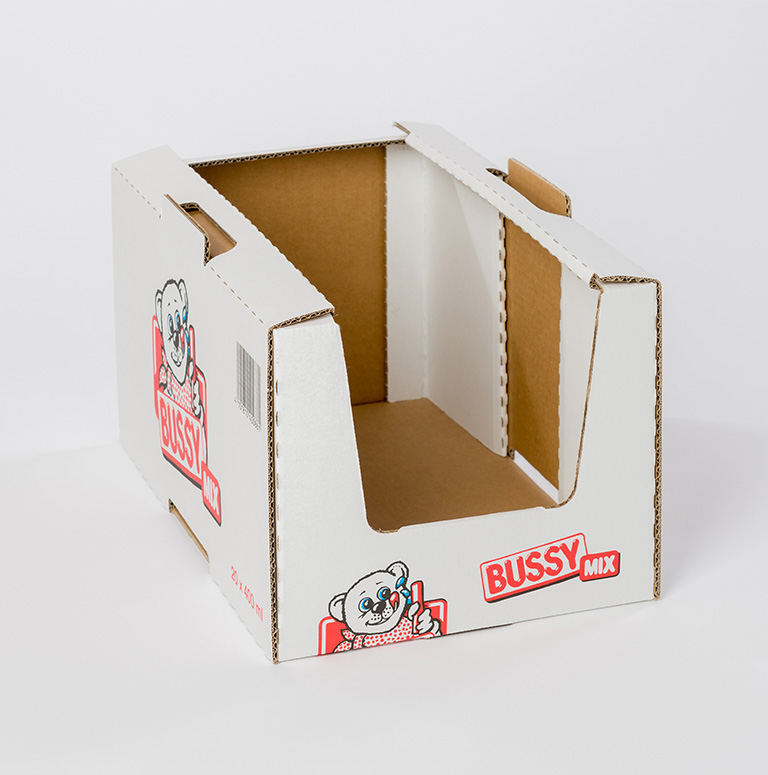 A printed shelf carton, open at the front and top.