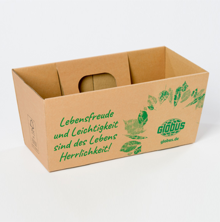 A checkout basket made of corrugated cardboard with integrated handle, printed in one color.