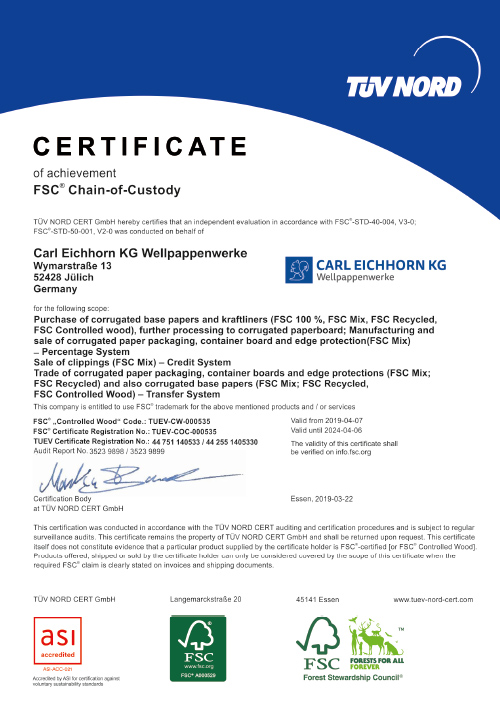 Certificate from TÜV-Nord for our FSC Chain of Custody product chain. It confirms the transparency and traceability of the entire product.