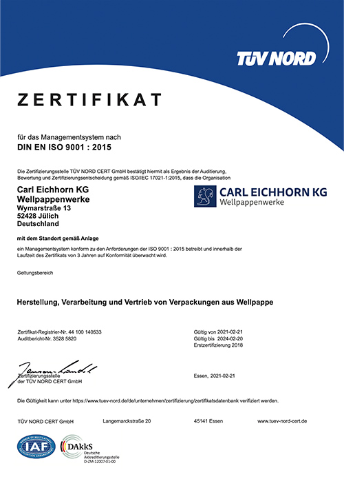 Our TÜV Nord certificate for the introduction of the management system at Carl Eichhorn.