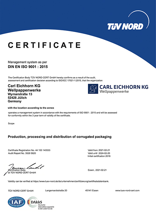 Our TÜV Nord certificate for the introduction of the management system at Carl Eichhorn.